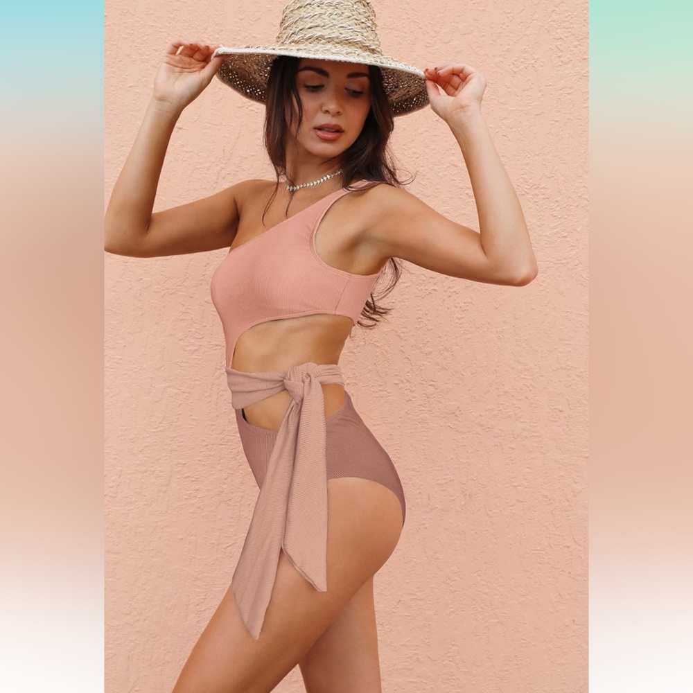 one shoulder color block ribbed swimsuit